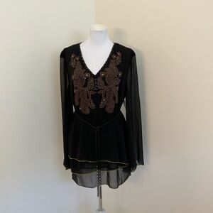 NWT Kaelyn-Max-II Elegant Black Blouse with Brown Detailing